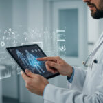 Médico utilizando una tableta con gráficos de IA.