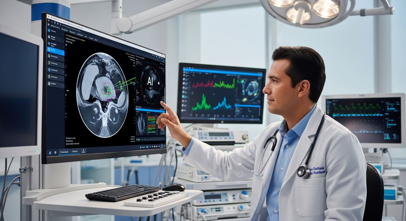 Un médico revisando una pantalla con imágenes médicas