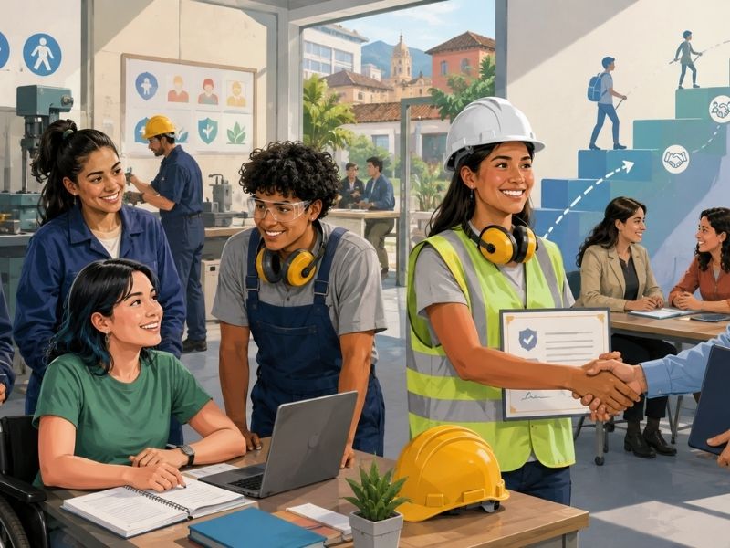 Grupo diverso de aprendices en un entorno de formación seguro e inclusivo con certificación y oportunidades de acceso al empleo.