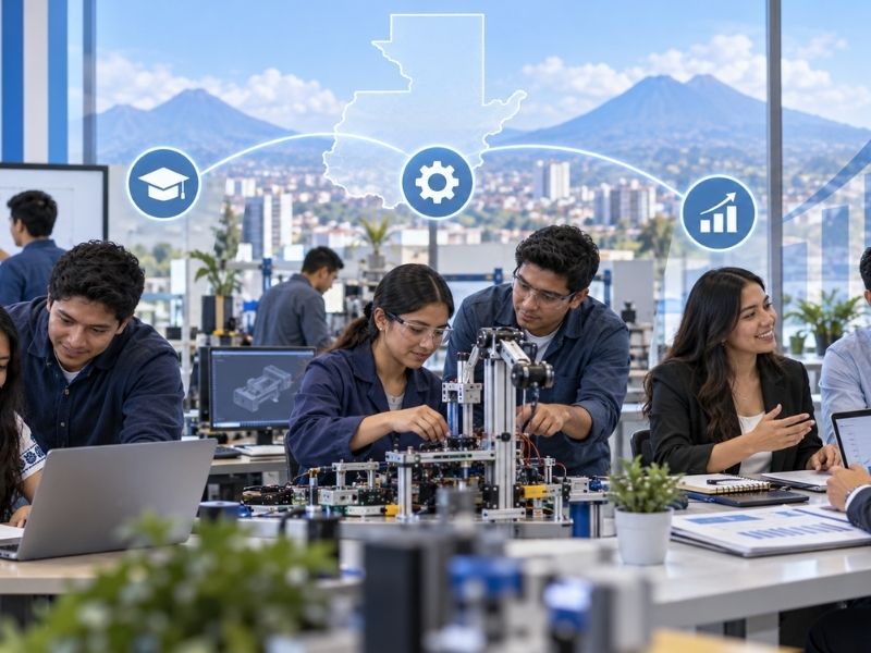 Jóvenes profesionales trabajan con tecnología y datos frente a una vista urbana de Guatemala con elementos digitales e innovación.