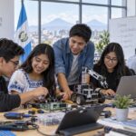 Jóvenes en Guatemala desarrollan habilidades tecnológicas en un laboratorio con laptops, robótica y componentes electrónicos.
