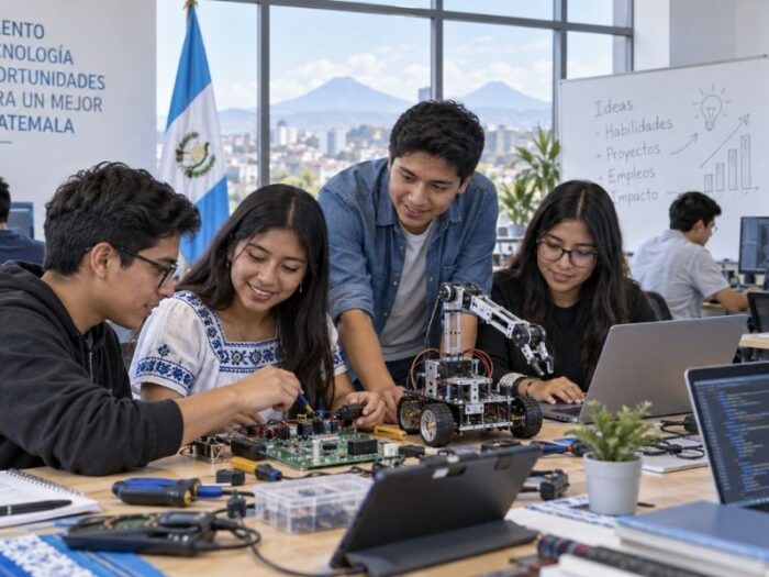 Jóvenes en Guatemala desarrollan habilidades tecnológicas en un laboratorio con laptops, robótica y componentes electrónicos.