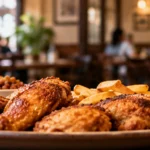 Platillo de pollo acompañado de papas, servido en un restaurante tradicional.