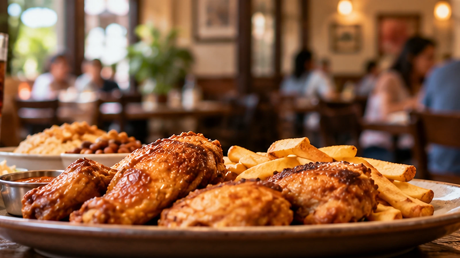 Platillo de pollo acompañado de papas, servido en un restaurante tradicional.