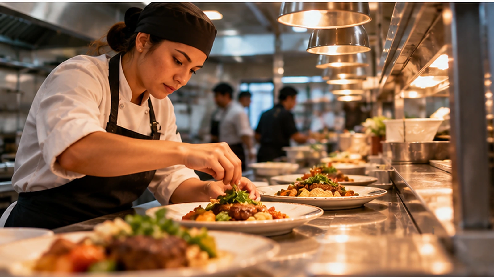 Cocinera preparando platillos en una cocina profesional, representando la continuidad de recetas y estándares.